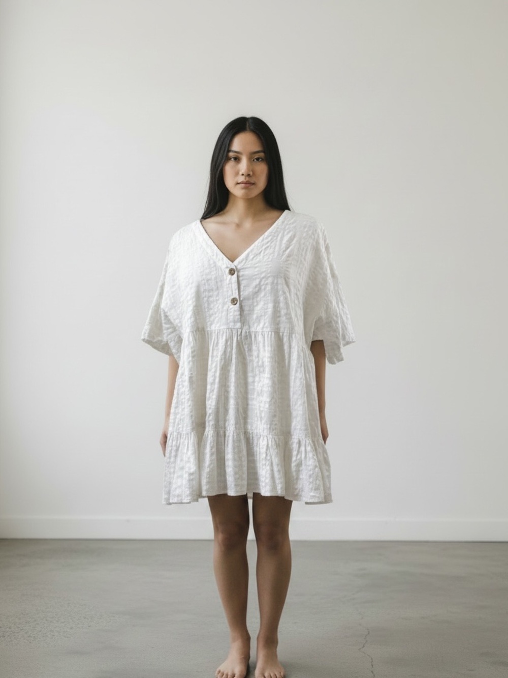 NWT Cost Plus World Market White Grid Print V-Neck Button Babydoll Dress Sz. S/M